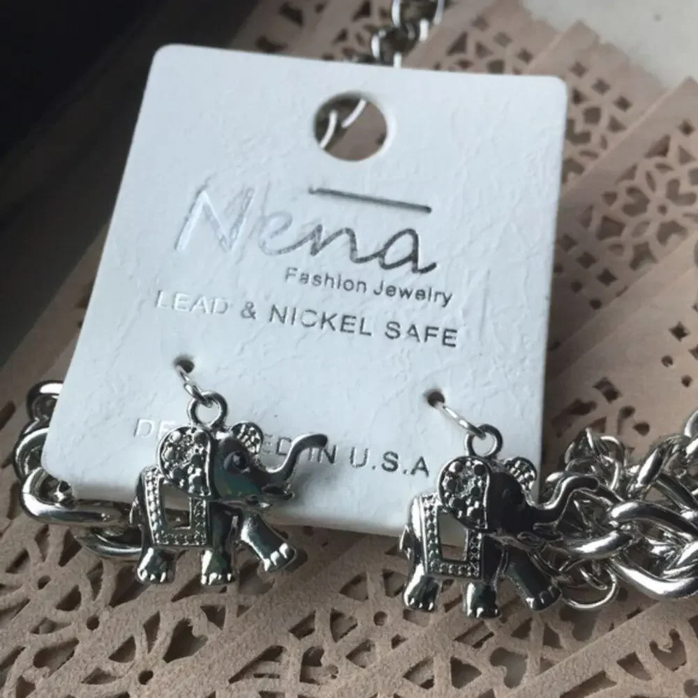 NEW Silver Tone Elephant Long Pendant Necklace and Earrings Set Boho Colorful